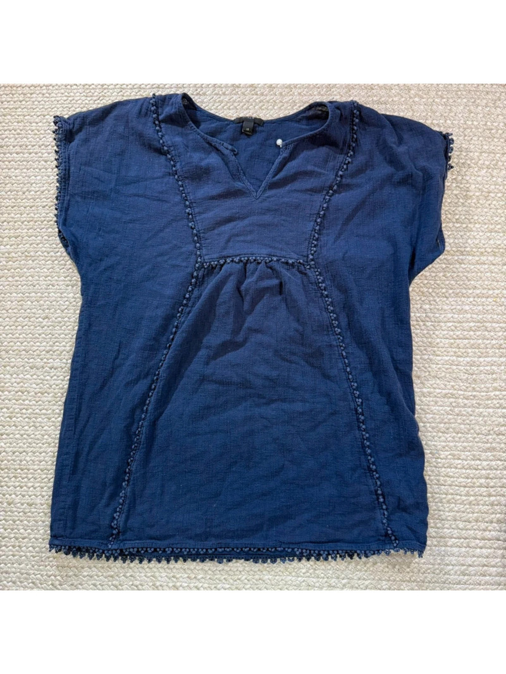 J. Crew Oversized Peasant Blouse Relaxed Navy 100% Cotton Pom Pom Trim Size XS